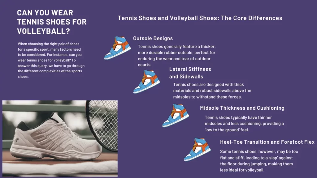 infographic of 4 key differences between tennis and volleyball shoes 